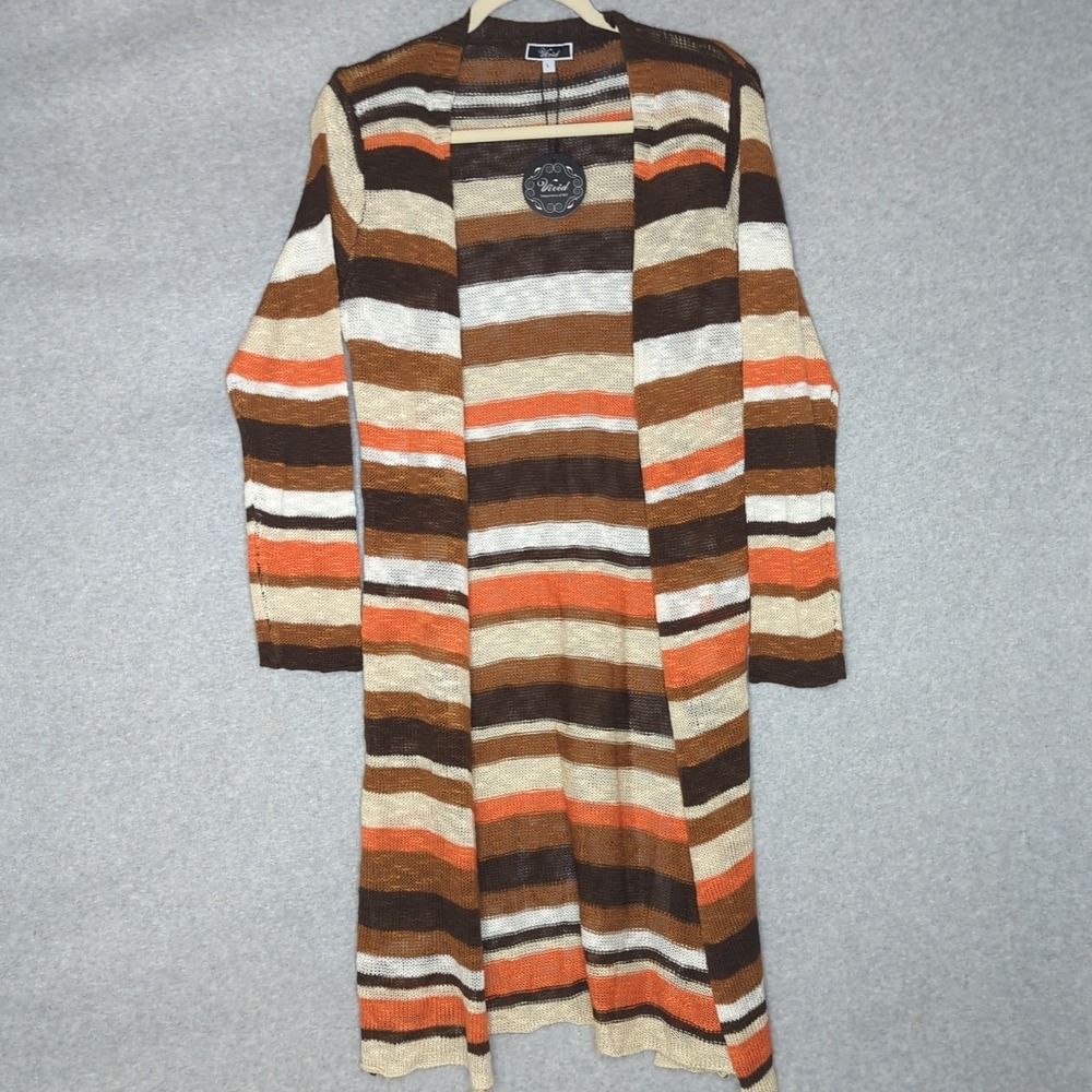 Vivid Striped Duster Cardigan, Brown Orange Beige White, Open Knit Long Sleeve